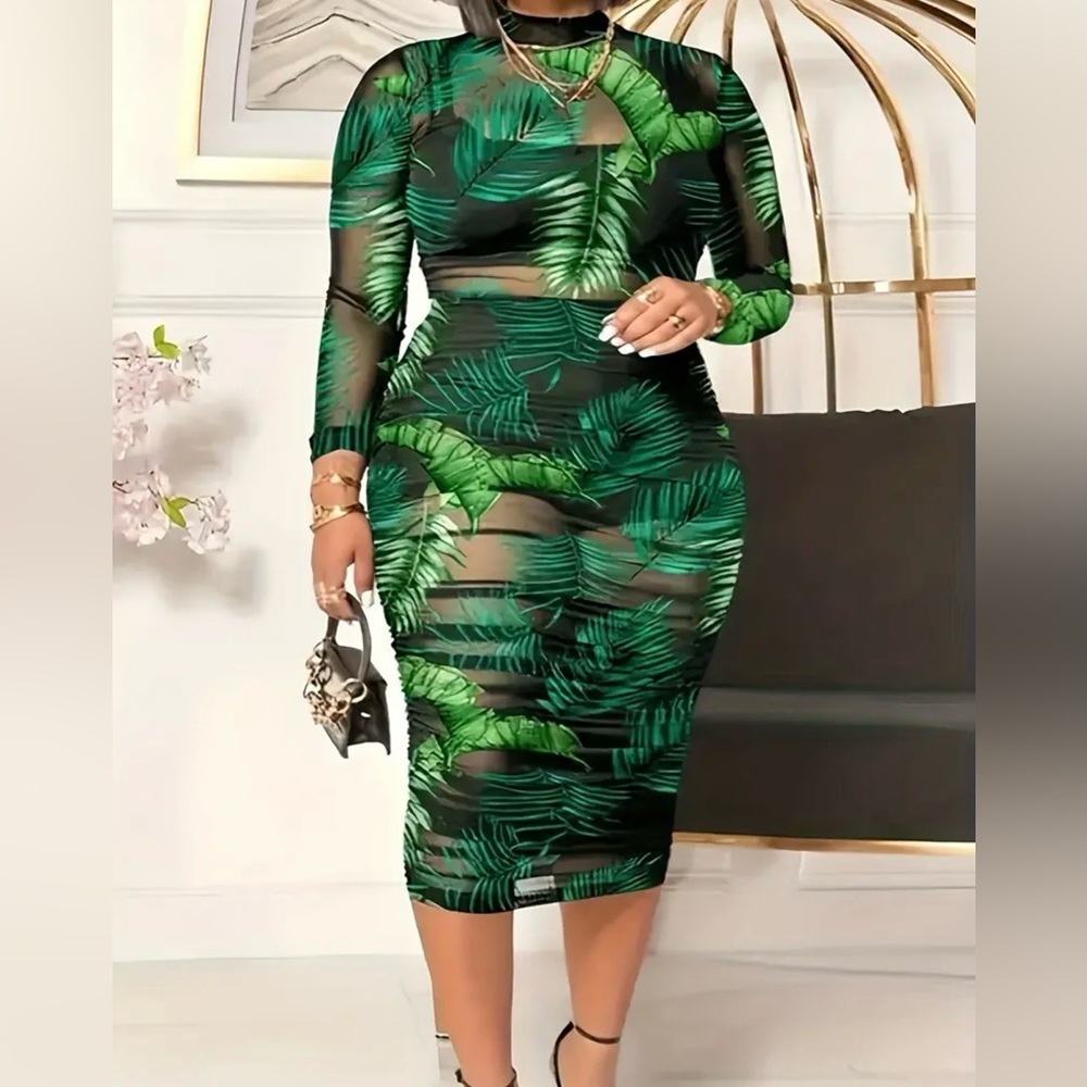 Plus Size Tropical Sheer Mesh Bodycon Midi Dress
